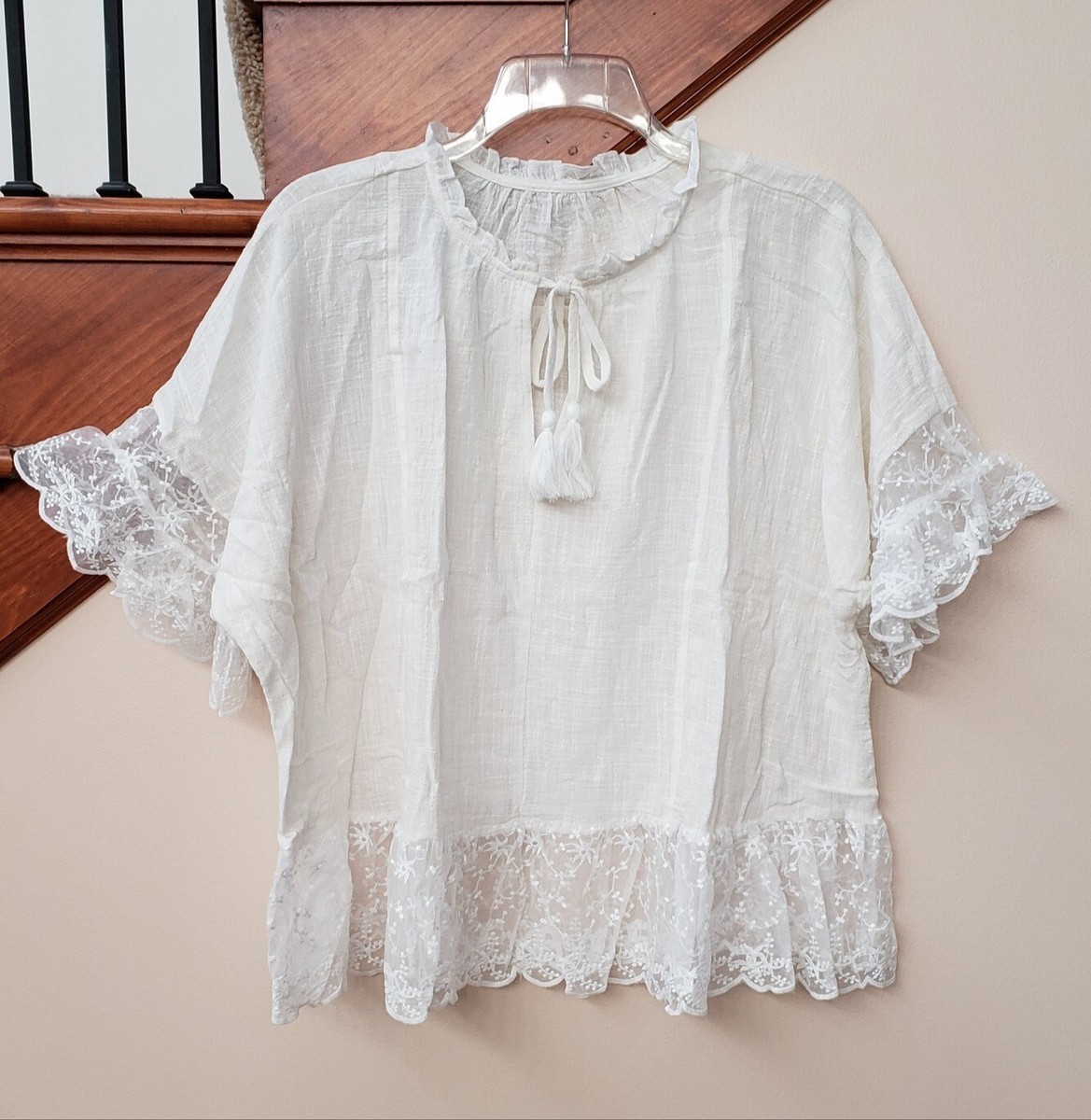 Plus Size Bohemian Vintage Lace Ruffle Blouse Shirt Tunic Top