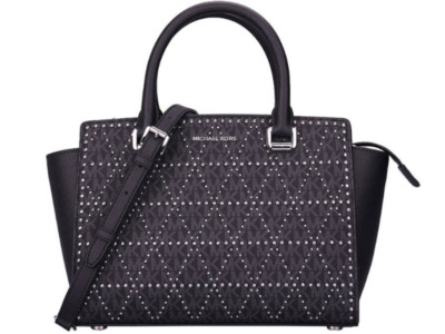 MICHAEL KORS MK Signature SELMA Black MD TZ Satchel Bag Silver Studs 3DF7SLMS2B