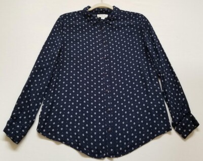 Midnight Sky Button Up Shirt Women’s Large L Blue White Anchor Long Sleeve  Rayon
