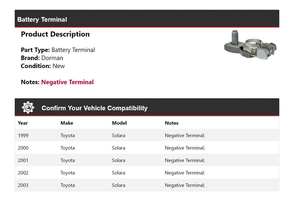 Terminal de batería para Toyota Solara Dorman 1999-2003 2000 2001 2002 Foto 2 de 4