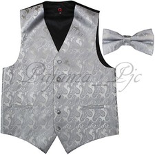 Silver XS to 6XL Paisley Tuxedo Suit Dress Vest Waistcoat  Bow tie Wedding Prom