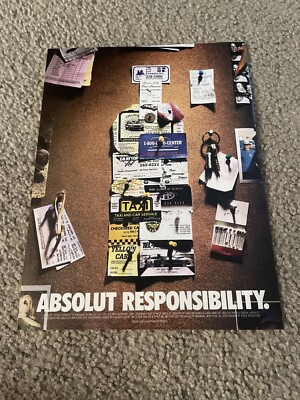 Vintage ABSOLUT RESPONSIBILITY VODKA BOTTLE Poster Print Ad 1990s 1998