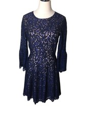 Eliza J Mini Dress Women's Size 6 Blue Floral Lace Long Sleeve