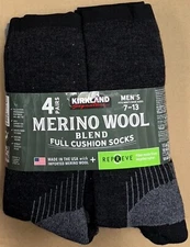 Kirkland Signature Men's Merino Wool Blend Full Cushion Socks 4 Pairs, Size 7-13