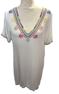 Francesca s Swim Cover Up  S  Boho Hippie Cold Shoulder Embroidery Beach Pool