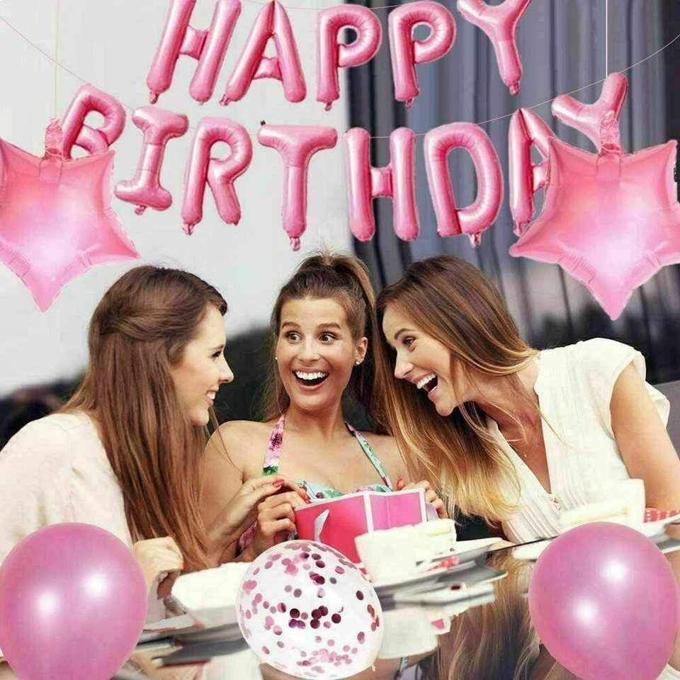 48 Pcs Happy Birthday Balloons Banner Pink Foil Decorations Party Supplies - Image 4 of 4