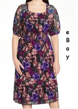 Terra & Sky Women's Plus Size Smocked Mesh Dress - Purple - Flowers - 1X 16-18
