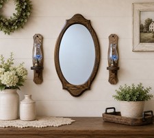 Vintage Farmhouse Wall Mirror Sconce Set Oak ...