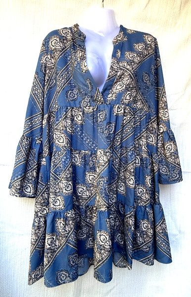 ONLY Size 12 Dress Blue White Paisley V Neck Tiered Smock Boho Shift 40 Mini