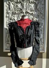 Late Victorian Bodice Black Wool  Red Silk 1890s Gothic