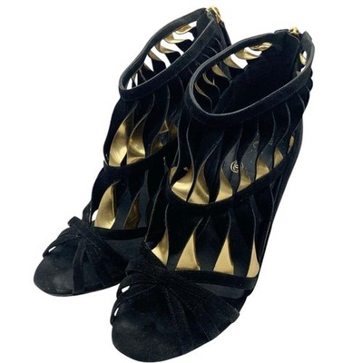 CHANEL Sandalen Wildleder Keilsohle schwarz gold 24 cm 9,4 Zoll authentisch