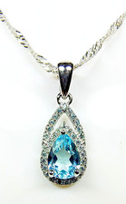 1.1 Carat Real Sky Blue Topaz Teardrop 925 Silver Lab Created Diamonds Necklace