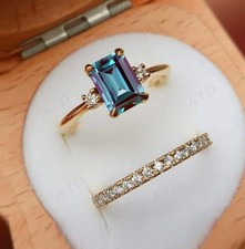 3.14 Ct Emerald Cut Alexandrite Diamond Ring Wdding Ring 14K Soild Yellow Gold