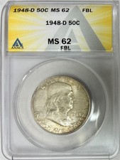 1948-D Silver Ben Franklin Half Dollar, ANACS MS-62 FBL, Nice Color!