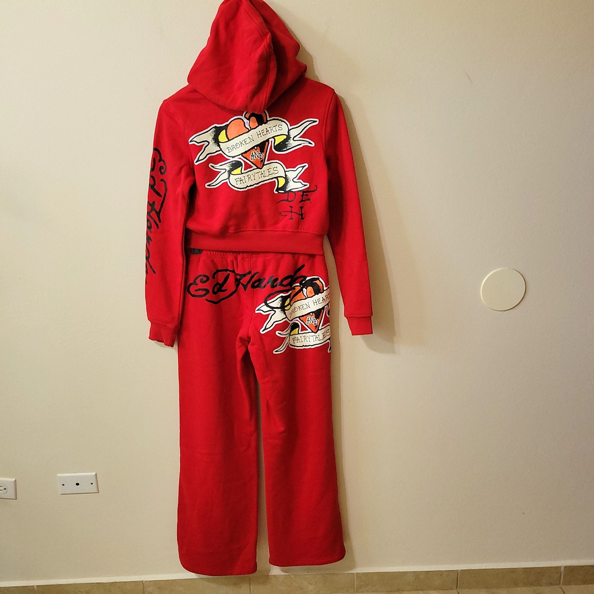 y2k　ed hardy　red pepper　パーカー　平成　訳有　60223 NWT ED HARDY Womens XL Crop Hoodie Pants 2 Pc Set Red Y2K Broken