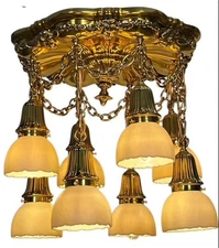 Polished Brass Sheffield Light w/ Grape Vines and Steuben Art Glass Shades #2564