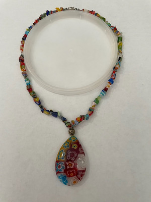 Murano Millefiori Glass Chip Necklace Tear Drop Pendant 11''