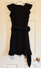 LOFT Women’s Flutter Sleeve Belted Flounce Dress Ruffle Hem Black Size 4 NWT