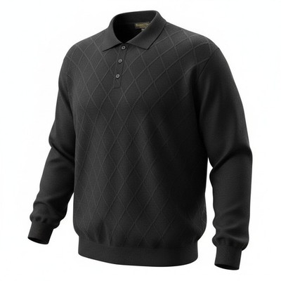 Roberto Villini Collezione Men XXL Black Diamond Knit Long Sleeve Polo Sweater