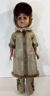Vintage 12  Inuit/Native American Doll Sleepy Eyes Leather & Fur By Eug Cloutier