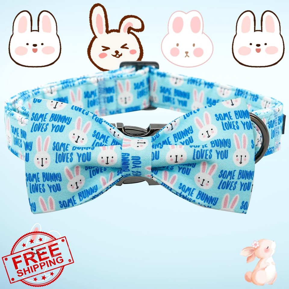 Bobo Rainbow Easter Dog Collar Blue Bunny Print Bowtie Adjustable | eBay