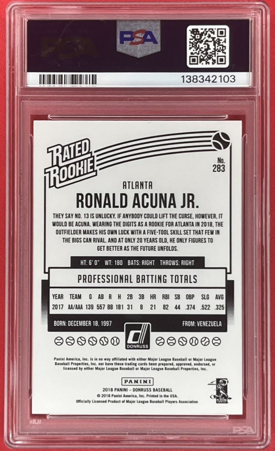 RONALD ACUNA JR. RC SP PSA 10 - Variation Wrapper Redemption 2018 Panini Donruss view 2