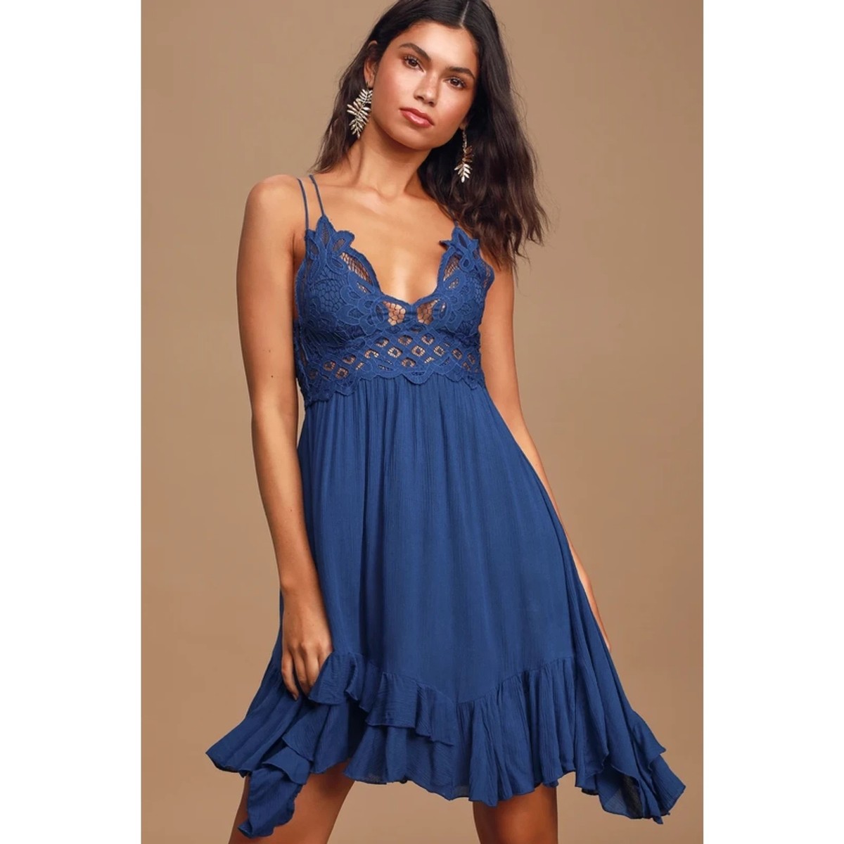 FREE PEOPLE One Blue Adella Crochet Lace Spaghetti Strap Boho Dress Size XS