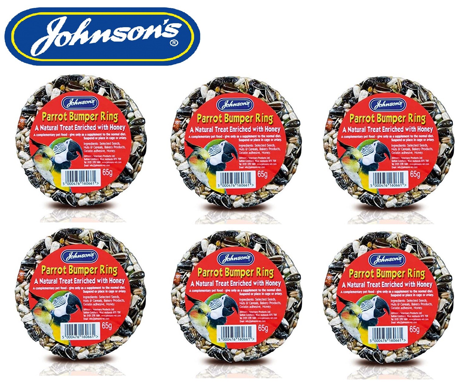 JOHNSONS 6 PACK PARROT BUMPER RING HONEY SEED NUTS CEREALS 65G