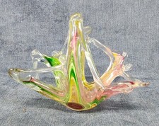 Murano Green Purple Stretched Glass Basket w/Handle Bowl Paper Label u-11B