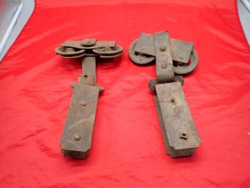 2 Antique Barn Door Rollers Hangers w/ Brackets Rusty Pair AS Found Salvage - Picture 1 of 16