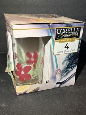 1998 NEW 4 Corelle PACIFIC BLOOM 16-oz Drinkware Red Hibiscus Floral