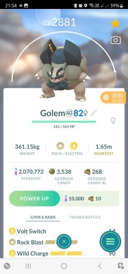 Alolan Golem ( Maxed Out To Level 40 ) ( Two Charged Moves ) Pokemon Tr@de Go