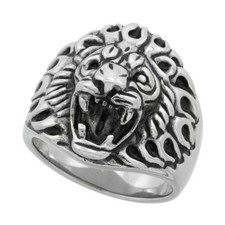 Stainless Steel Lion Head Biker Ring, Blackened Finish