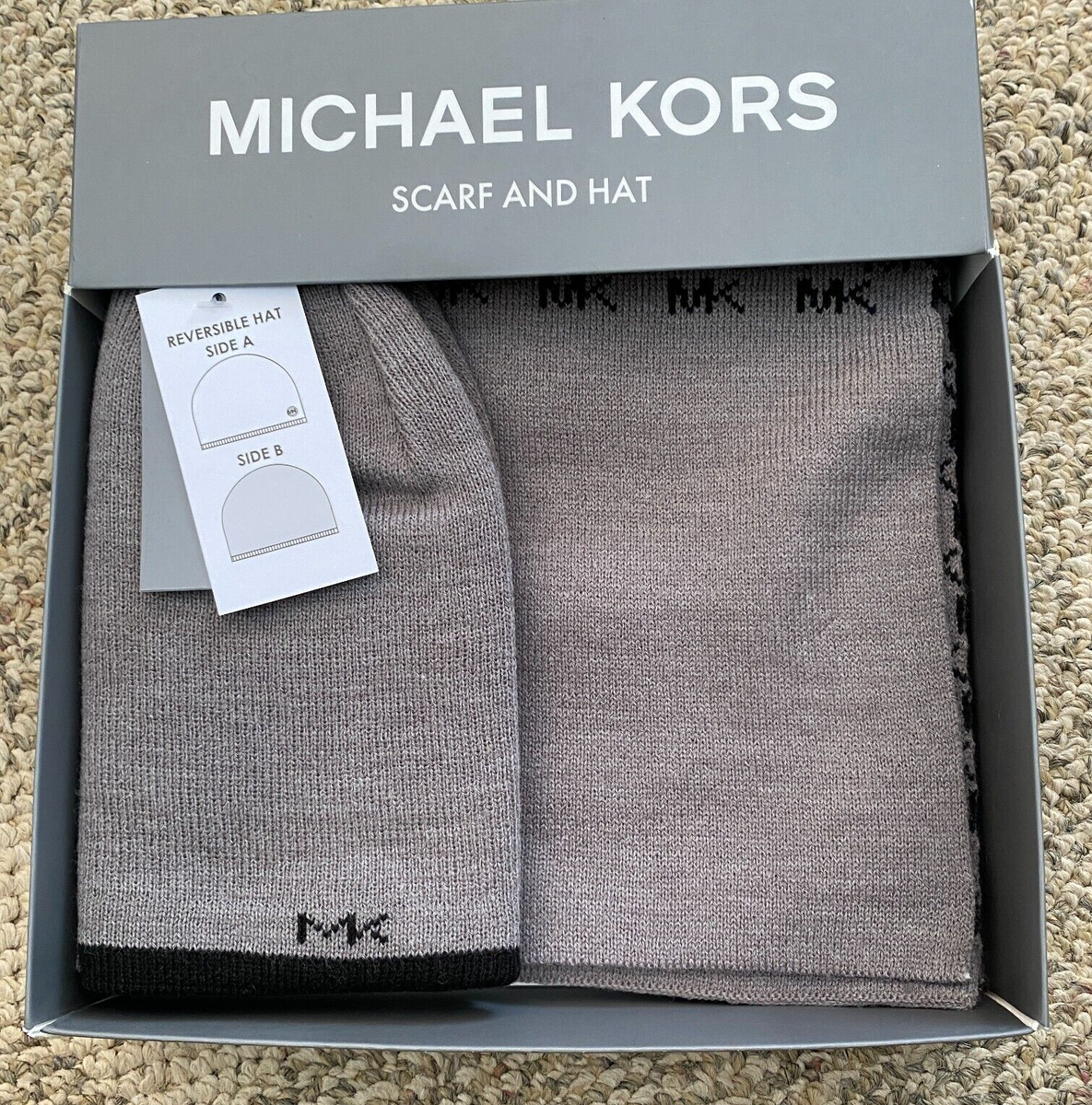 Men's Michael Kors Knit Scarf and Knit Hat Set Gray and Black One