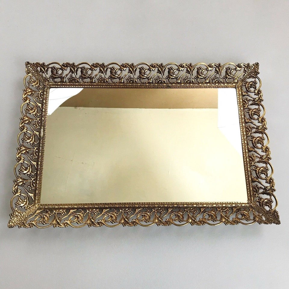 VINTAGE BrassTone Mirrored Vanity Tray Ornate Filigree Perfume Bottle