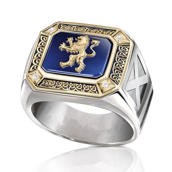 925 Sterling Silver and 18k Gold Mens Ring "Scotland Forever" Lion Sign
