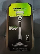 New! Gillette Labs Men's Razor with Exfoliating Bar w/ Stand 3 Cartridges & Case