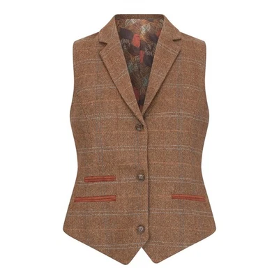 Damen Eiche Brown Geschneidert Tweed Weste Wollmischung IN Fischgräten Kariert - Bild 1 von 4