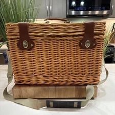 Vtg Wicker Picnic Basket for 2 Leather Straps Plates Glasses Utensils NWOT