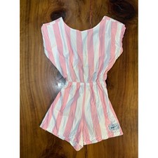 Vintage 80s 90's Fun N Sun Women's Romper L Candy Stripe Open Back Cotton v3-5