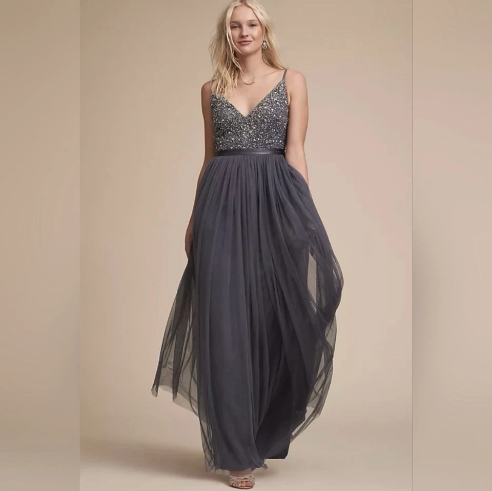 Платье макси BHLDN Anthropologie Avery тюлевое с бисером гортензия размер 0 - Изображение 3 из 4