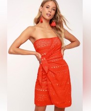 Free People Oceanside Coral Red Strapless Crochet Lace Dress Size Small