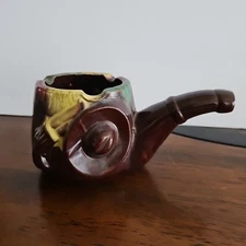 Ceramic Pipe Three Cigar Ashtray Embossed Western Hat and Revolver Japan