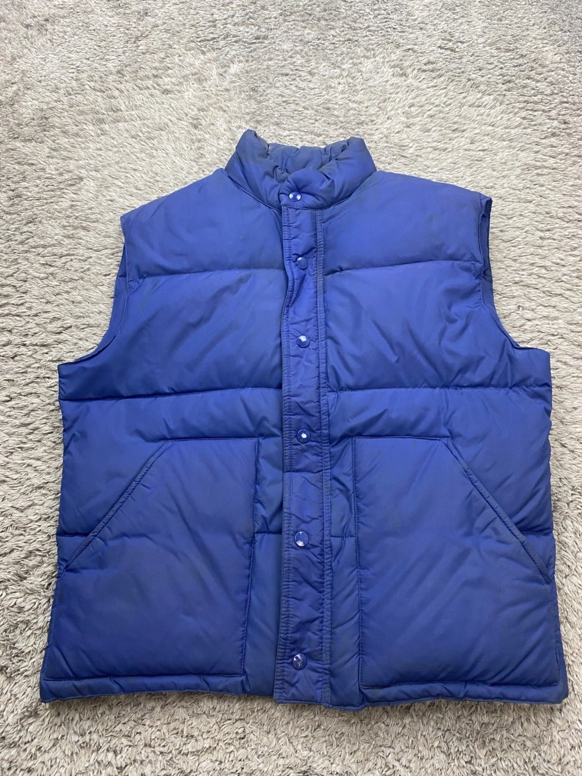 Vtg Puffer Vest Men Medium Blue Quilted Snap Ski American Down Feathers Jacket