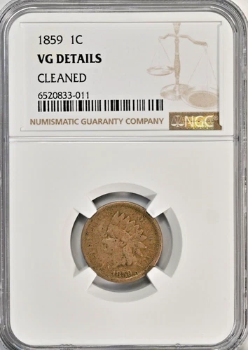 1859 Indian Head Cent NGC Genuine VG Details Type 1 No Shield Cleaned Coin 2052