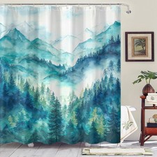Green Forest Shower Curtain Misty Pine Valley Mountain Scene Decor 72x72 Inch