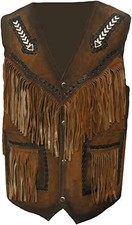 Men Native Suede Cowboy Style Leather Vest Beaded with Fringes