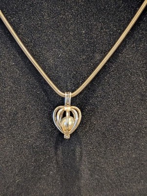 925 Sterling Silber echte Perle Käfig Herz Medaillon & 18'' 3mm Schlangenkette