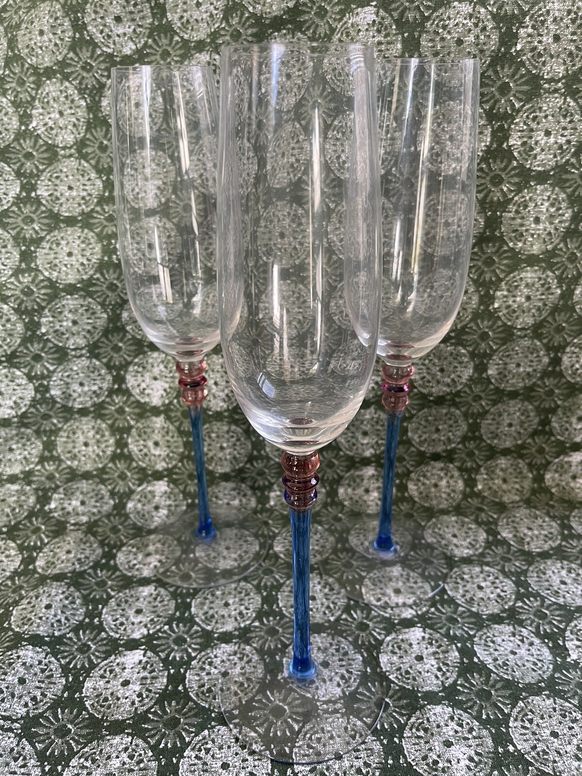 Vintage Crate & Barrel Pink Blue Champagne Flutes Set of 3 9-Inch Stem