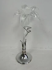 Epergne Art Glass Clear Lily flower w/Silver Display Stand 15" Gr8 Cond.
